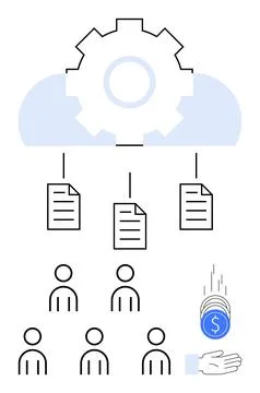Cloud Technology Concept with Gear, Documents, Users, and Falling Coins for.. Stockillustratie