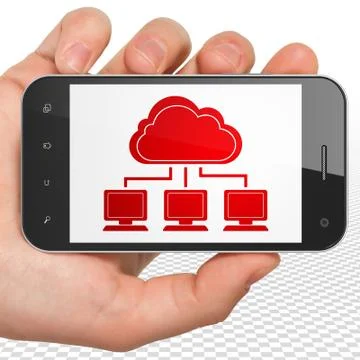 Cloud technology concept: Hand Holding Smartphone with Cloud Network on display Stock Illustration