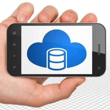 Cloud technology concept: Hand Holding Smartphone with Database With Cloud on イラスト素材