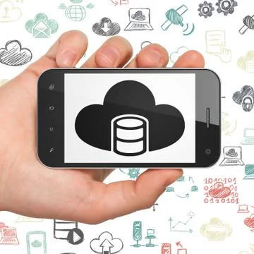 Cloud technology concept: Hand Holding Smartphone with Database With Cloud on Stock Illustration