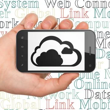 Cloud technology concept: Hand Holding Smartphone with Cloud on display Stock Illustration