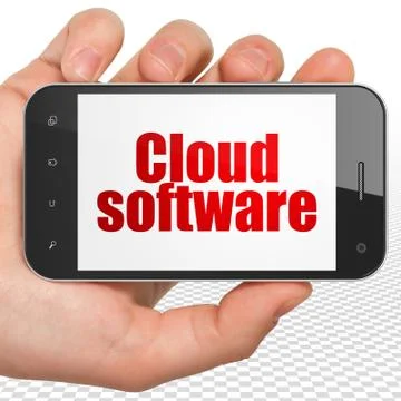 Cloud technology concept: Hand Holding Smartphone with Cloud Software on display Illustrazione stock