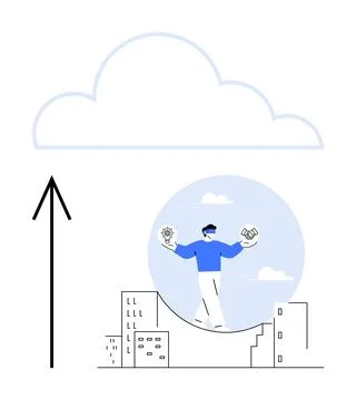 Cloud technology concept with a person handling gears and files, surrounded.. Illustrazione stock