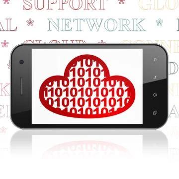 Cloud technology concept: Smartphone with Cloud With Code on display Illustrazione stock