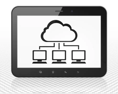 Cloud technology concept: Tablet Pc Computer with Cloud Network on display Illustrazione stock