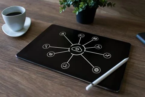 Cloud technology concept on tablet screen. Data storage and computing services. Foto stock