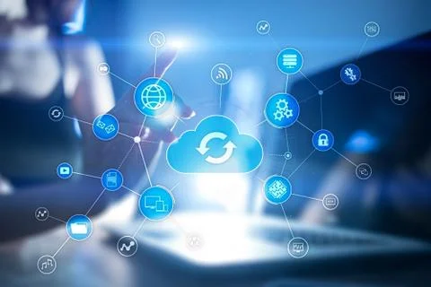 Cloud technology concept on virtual screen. Data storage and computing. 스톡 사진