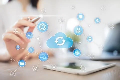 Cloud technology concept on virtual screen. Data storage and computing. Foto stock