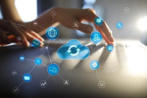 Cloud technology concept on virtual screen. Data storage and computing. Stock Photos