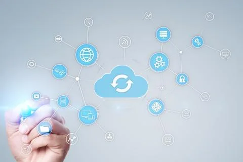 Cloud technology concept on virtual screen. Data storage and computing. Stock Photos