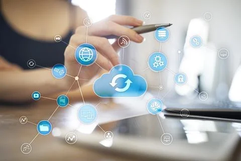 Cloud technology concept on virtual screen. Data storage and computing. Foto stock