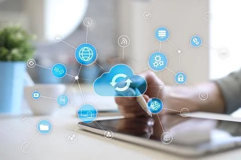 Cloud technology concept on virtual screen. Data storage and computing. Stock Photos