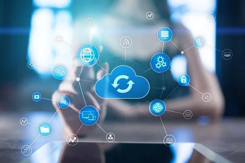 Cloud technology concept on virtual screen. Data storage and computing. 스톡 사진