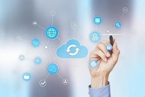 Cloud technology concept on virtual screen. Data storage and computing. Stock Photos