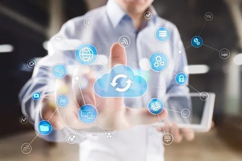 Cloud technology concept on virtual screen. Data storage and computing. 스톡 사진