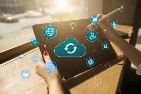 Cloud technology concept on virtual screen. Data storage and computing. Stock Photos