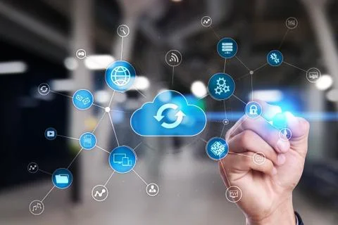 Cloud technology concept on virtual screen. Data storage and computing. Stock Photos