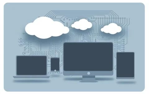 Cloud technology connection between computer devices. desktop computer, table Illustrazione stock