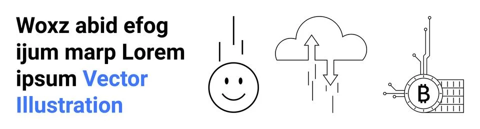 Cloud Technology with Cryptocurrency and Happy User Concept - Vector Graphics Stock Illustration