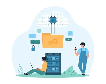 Cloud technology for data storage and management, tiny people organize folders 스톡 일러스트