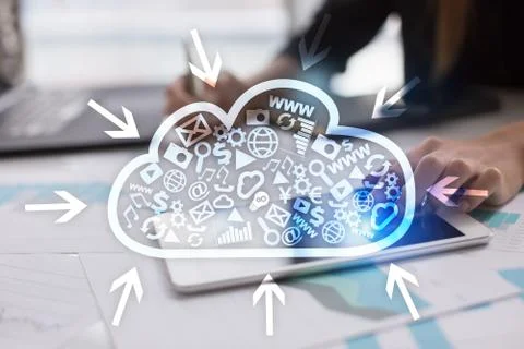 Cloud technology. Data storage. Networking and internet service concept. Stock Photos