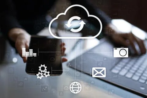 Cloud technology. Data storage. Networking and internet service concept. Stock Photos