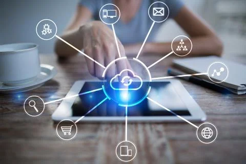 Cloud technology. Data storage. Networking and internet service concept. 스톡 사진