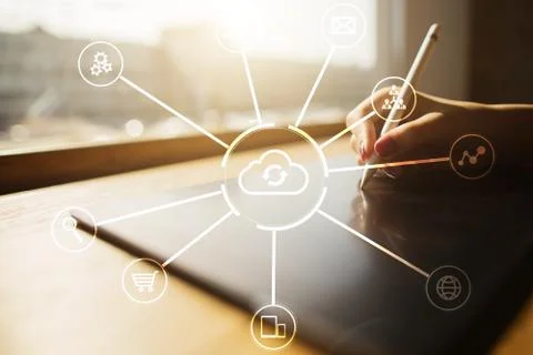 Cloud technology. Data storage. Networking and internet service concept. Stock Photos