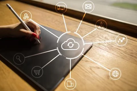 Cloud technology. Data storage. Networking and internet service concept. 写真素材