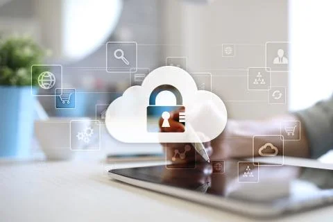 Cloud technology. Data storage. Networking and internet service concept. Stock Photos