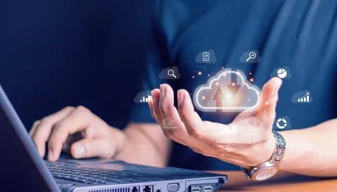 Cloud technology. Data storage. Networking and internet service concept.man.. Stock Photos