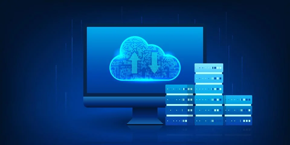 Cloud technology displayed on a computer screen with a connection to a serv.. Stock Illustration