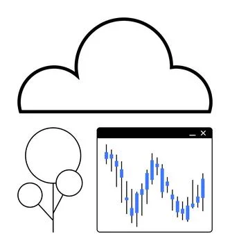 Cloud technology with financial graph and data tree illustration, represent.. Illustrazione stock