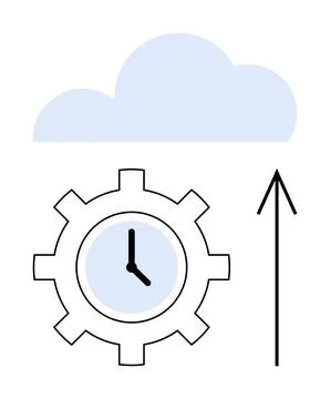 Cloud technology with gear, clock, and upward arrow representing innovation.. Stock Illustration
