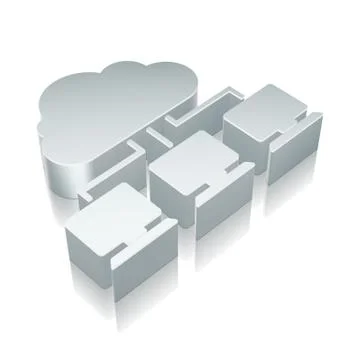 Cloud technology icon: 3d metallic Cloud Network with reflection, vector Stock Illustration
