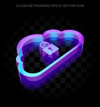 Cloud technology icon: 3d neon glowing Cloud With Padlock made of glass, EPS 10 Stock Illustration