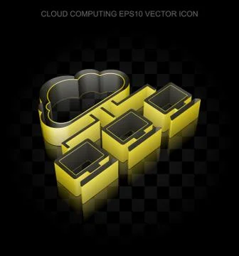 Cloud technology icon: Yellow 3d Cloud Network made of paper, transparent shadow Stock Illustration