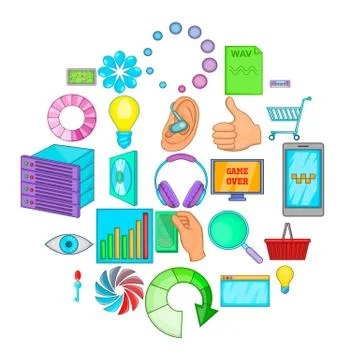 Cloud technology icons set, cartoon style Stock Illustration