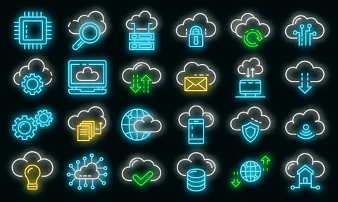 Cloud technology icons set vector neon Stock Illustration