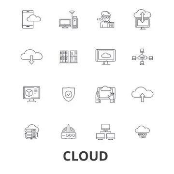 Cloud technology, internet, web, system administration, hosting line icons. E Illustrazione stock
