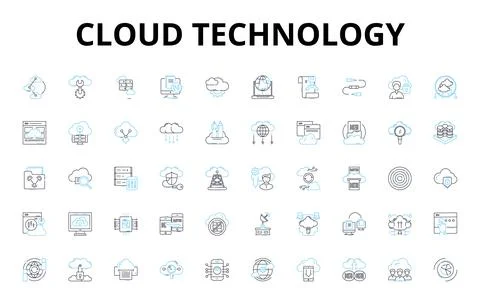 Cloud technology linear icons set. Scalability, Virtualization, Automation Stock Illustration