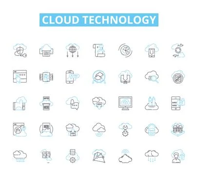 Cloud technology linear icons set. Scalability, Virtualization, Automation Stock Illustration