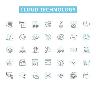 Cloud technology linear icons set. Scalability, Virtualization, Automation Stock Illustration