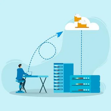 Cloud technology. Man storing data on cloud server. Cloud computing concept, Stock Illustration