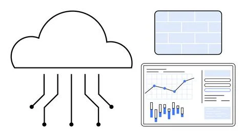 Cloud Technology Network with Data Analytics Dashboard and Firewall Security Illustrazione stock