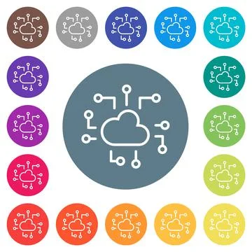 Cloud technology outline flat white icons on round color backgrounds Stock Illustration