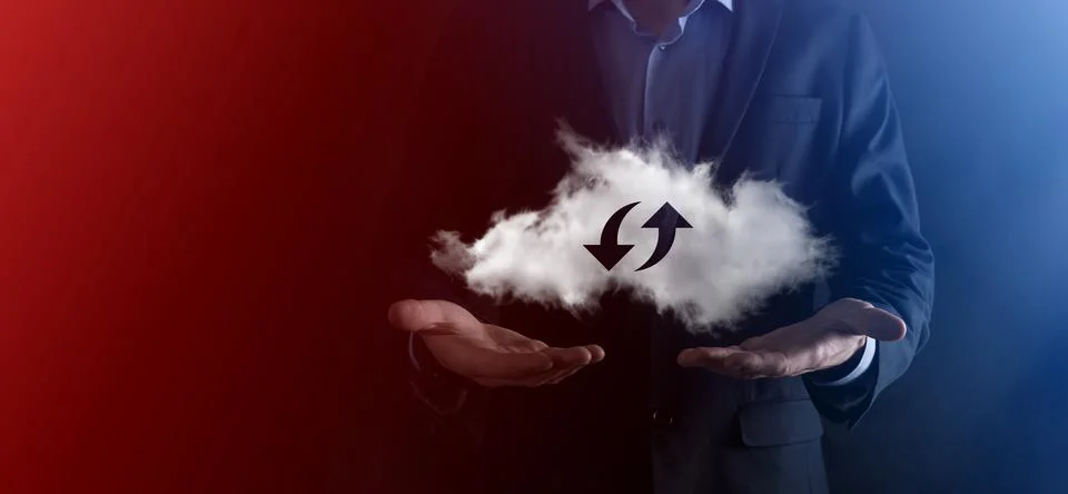 Cloud technology. Polygonal wireframe cloud storage sign with two arrows up a 写真素材