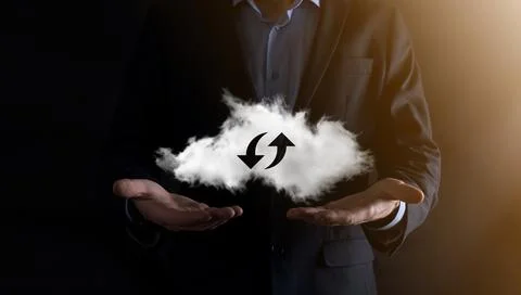 Cloud technology. Polygonal wireframe cloud storage sign with two arrows up a Stock Photos