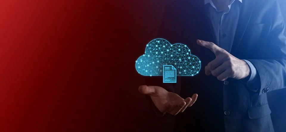 Cloud technology. Polygonal wireframe cloud storage sign with document icon o 写真素材