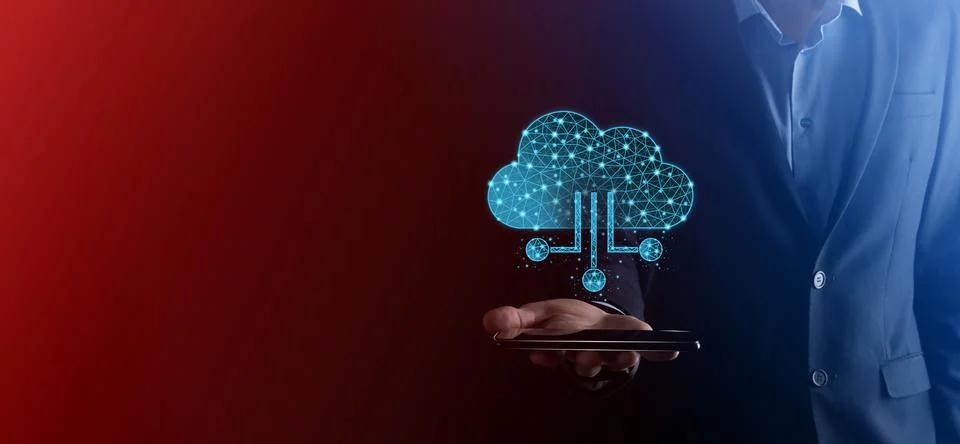 Cloud technology. Polygonal wireframe cloud storage sign with data collection Stock Photos